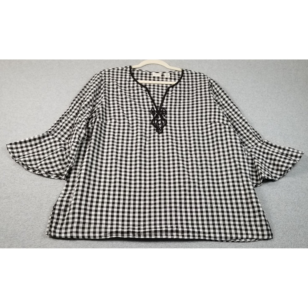 Westbound Top Women's XL Black White Gingham Check Bell Sleeve Tunic See Through
